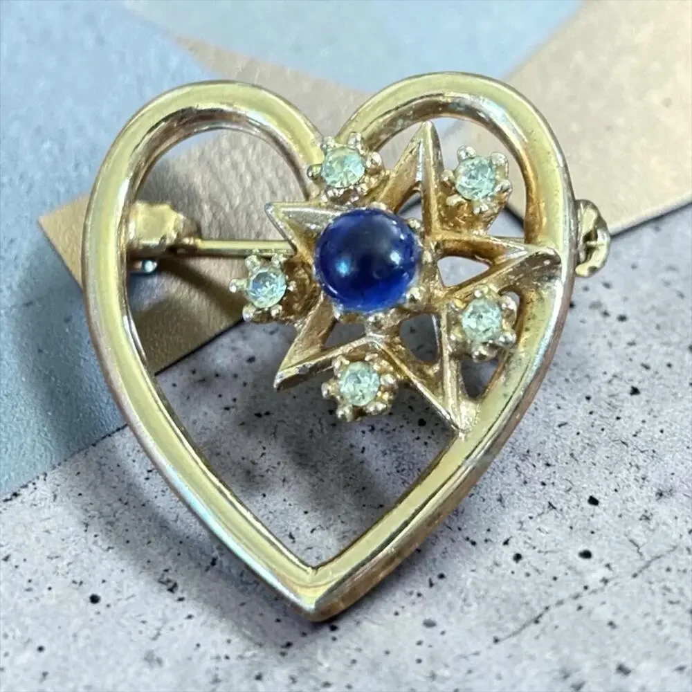 Vintage Gold Heart Starburst Brooch Blue Lapis Cabochon Rhinestone Celestial Pin